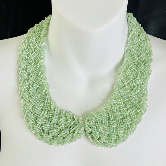 Vintage Mint Green Braided Beaded Collar Necklace Sead Beads Woven BEUTIFUL 1367 - Picture 1 of 8